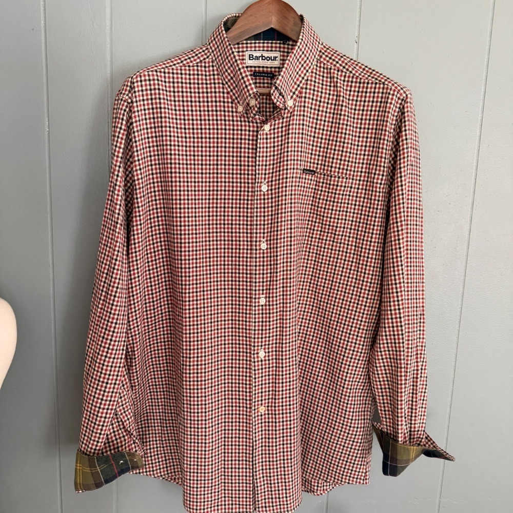 Barbour Padshaw Tailored Fit Gingham Button Down Shirt L Brick Red Black Tartan